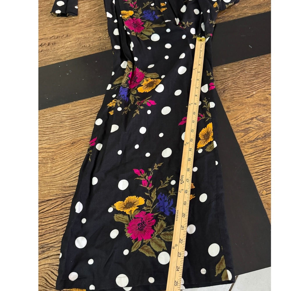 Matty Vintage 90s Black Floral Polka Dot Long Sleeve Maxi Dress Scoop Neck Rayon - Picture 9 of 11